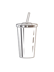 Fast food plastic cup with straw. Hot or cold drink. Original vector illustration in vintage style.