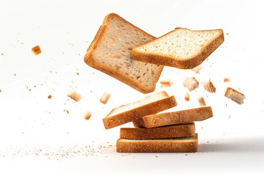 Crumbly fresh bread falls from a stack, ideal for food and bakery scenes