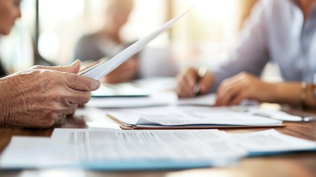 Elderly people are reading health or life insurance plan details from a document.