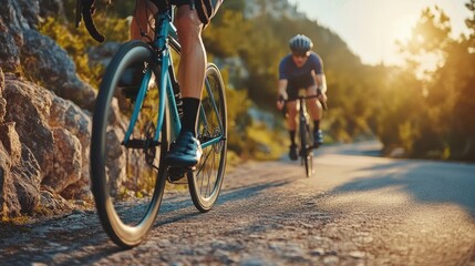 Fototapeta premium Male cyclist on mountain road Surrounded by beautiful high mountains.
