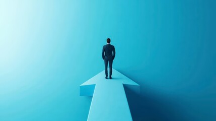 Fototapeta premium A person walks up the arrow on a light blue background, symbolizing career growth and success