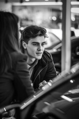 A couple sits together in a modern car showroom, surrounded by vehicles