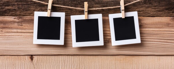 Three empty photo frames hanging on a rustic wooden background, perfect for showcasing memories or creative projects.