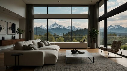 Minimalist living room with a sofa and scenic view.