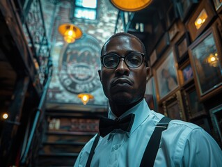 Obraz premium A man wearing a bow tie and glasses stands in a stylish, artfully decorated room filled with picture frames and warm, industrial lighting