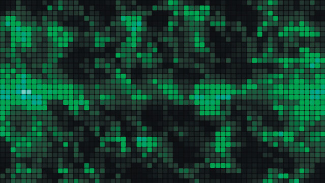 Green mosaic background in technology concept. Abstract multicolored LED squares. Technology digital square green color background. Bright pixel grid background. Vector background
