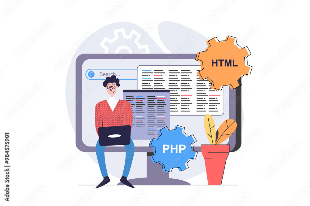 Fototapete Programmers concept in modern flat design for web. Man developer working with code at laptop and computer screen, creating programs, engineering software and new products. Illustration.