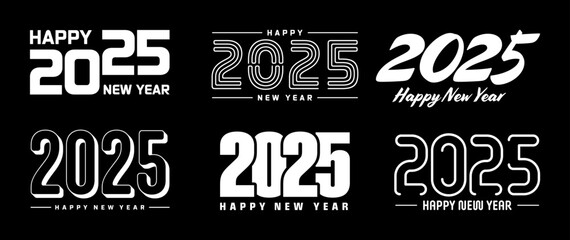Fototapeta premium Set of 2025 Happy New Year greeting text designs. Christmas banner, poster, festive greeting card or seasonal promotion template. Collection of 2025 numbers with greetings. Vector illustration