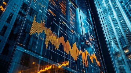 Digital data analytics display showcasing stock market trends in an urban financial district during evening hours