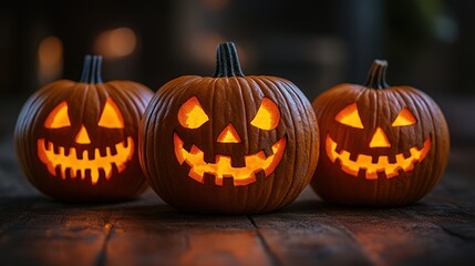 Obraz premium A trio of intricately carved Halloween Jack-o'-lanterns emitting warm, glowing light, set on a wooden surface in a festive indoor setting