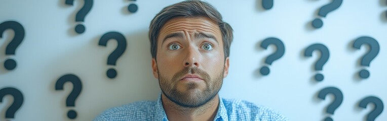 A thoughtful young man appears puzzled, surrounded by floating question marks