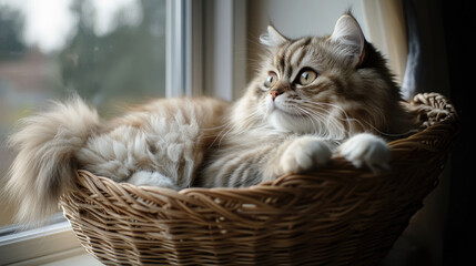 A fluffy Persian cat lounging in a wicker basket near a window, enjoying a peaceful afternoon.