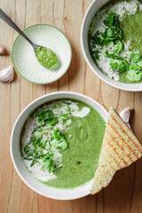 broccoli puree soup with cream and pesto