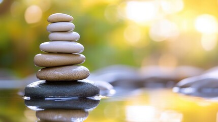 Obraz premium A high-res photo of smooth, rounded river stones stacked in a balanced pile, set against a calm, natural background, symbolizing harmony and tranquility.