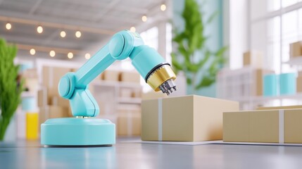 Vibrant Robotic Arm in Modern Warehouse Setting