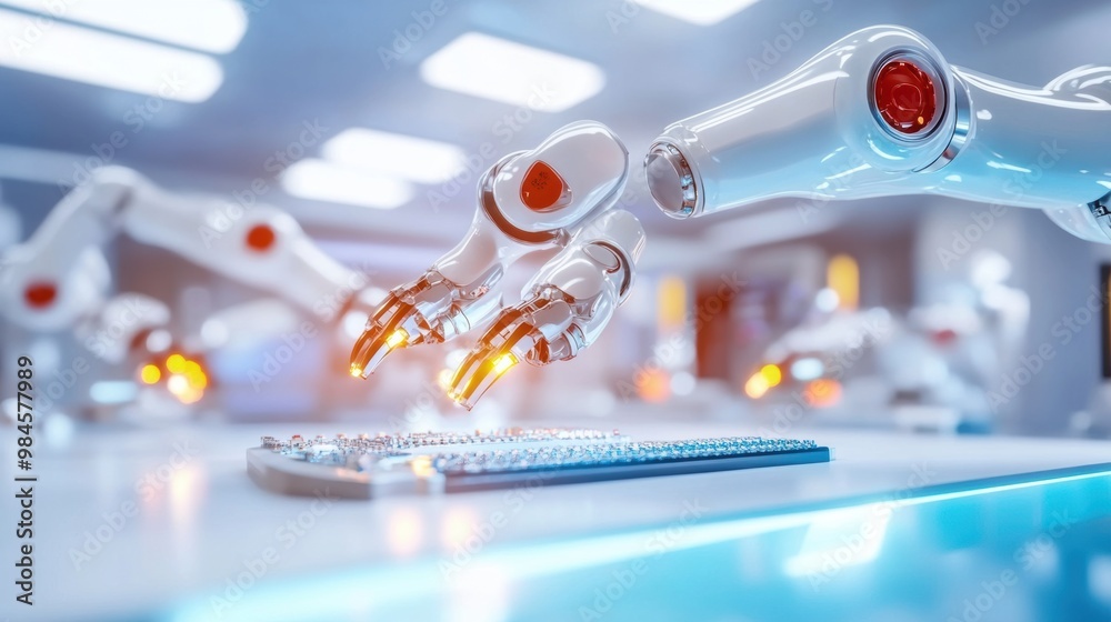 Poster robotic hands interacting with computer keyboard