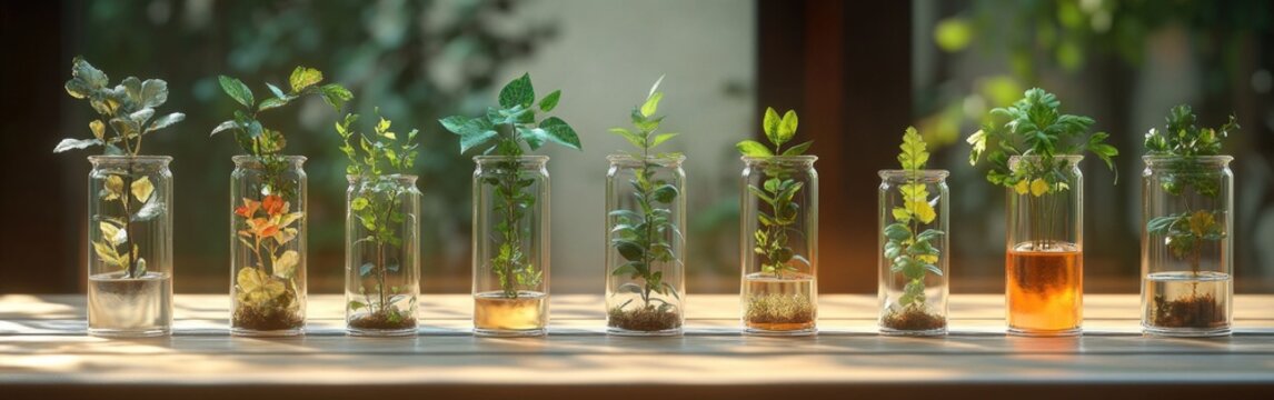 Various plants thrive in test tubes, showcasing eco-friendly scientific research and innovation