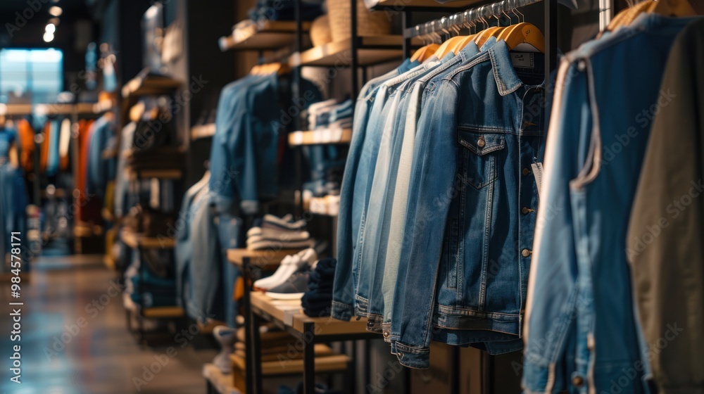 Sticker denim jackets hanging in store