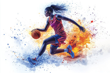 Female basketball player with ball. Grunge background. 