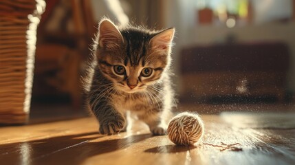 A playful kitten chasing a ball of yarn on a wooden floor in a cozy living room, sunlight streaming through the window.