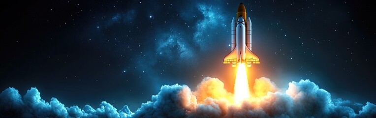 The rocket propels upward, leaving a trail of blazing fire against a backdrop of twinkling stars