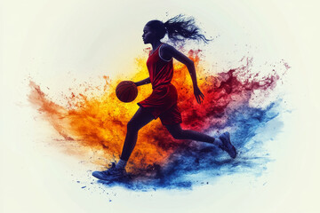 Naklejka premium Female basketball player with ball. Grunge background. 