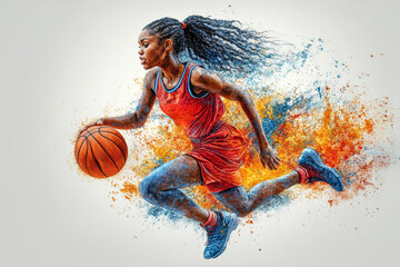Female basketball player with ball. Grunge background. 