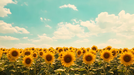 Fototapeta premium A calm field of sunflowers under a blue sky.