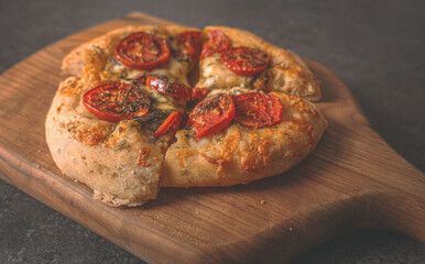 Lush homemade pizza cooked in an electric oven with tomatoes, spices and two types of cheese