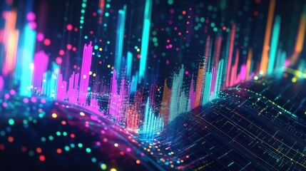 A photo of a futuristic digital graph in a holographic display, with bright neon colors representing data points and trends, emphasizing innovation in data analysis.
