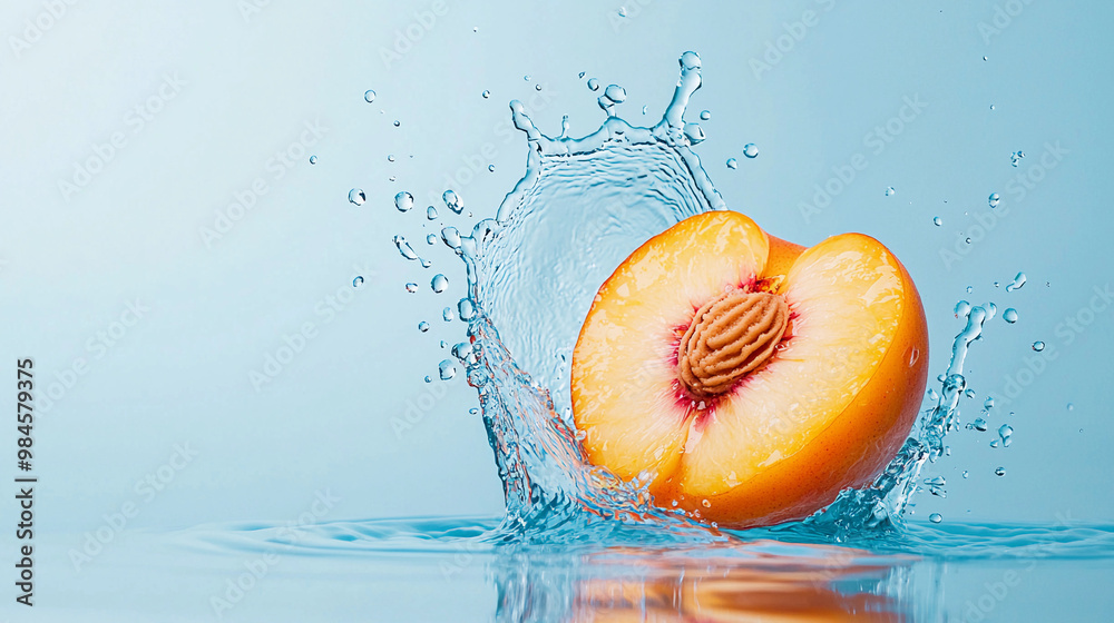 Wall mural Juicy peach slice splashing into water, creating vibrant droplets