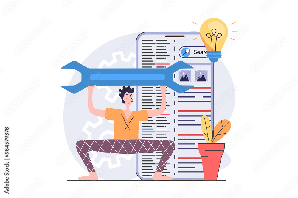 Aufkleber SEO optimization concept in modern flat design for web. Man analyzing search data, improving page traffic, brainstorming process, making settings and maintenance with wrench. Illustration.