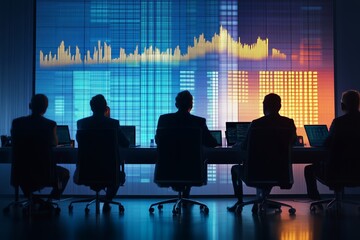 Business executives analyzing data trends during a strategic meeting in a modern conference room at night