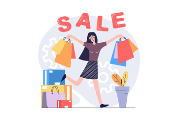 Shopping concept in modern flat design for web. Woman with lot of bags doing purchases at boutiques or stores, ordering products with bargain price offers in seasonal sales. Illustration.