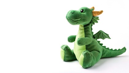 Fototapeta premium Stuffed animal of a green dragon. cute, adorable, plush, soft, companion friend and night time sleep toy for young boy and girl children. Isolated on white background with copy space