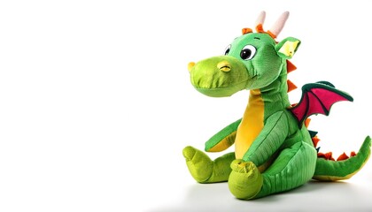 Obraz premium Stuffed animal of a green dragon. cute, adorable, plush, soft, companion friend and night time sleep toy for young boy and girl children. Isolated on white background with copy space