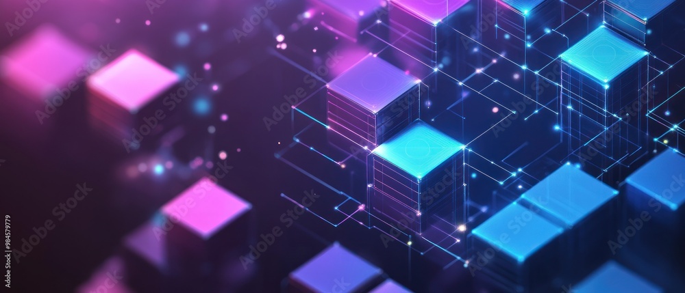 Poster abstract digital blocks with glowing lines, representing technology and data visualization.
