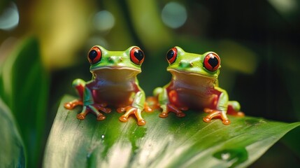 Fototapeta premium Two vibrant red-eyed tree frogs perched on a lush green leaf in a natural setting.