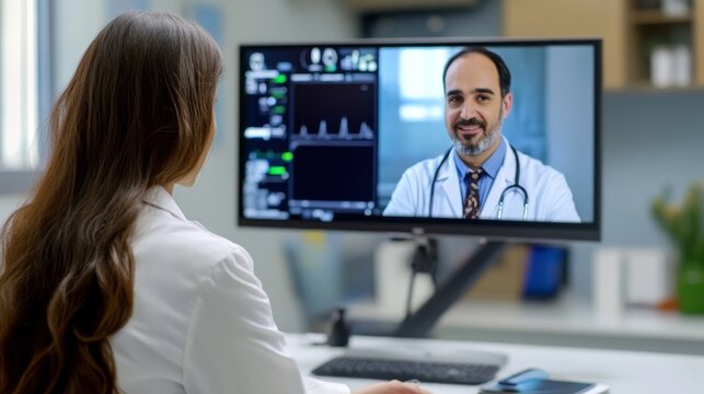 Female doctor in a video conference with a medical professional on a computer screen - Powered by Adobe