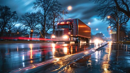 Obraz premium Semi-Truck on a Wet Night
