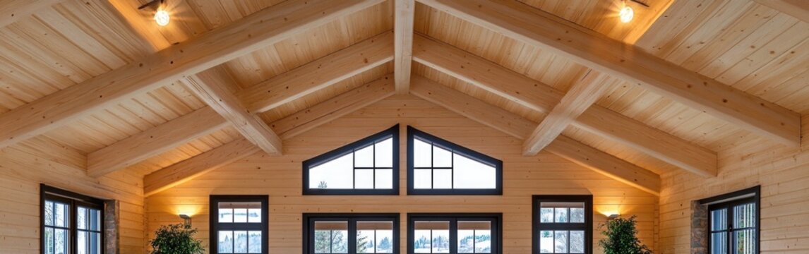 A wooden house is being constructed with a strong frame, truss posts, and beams