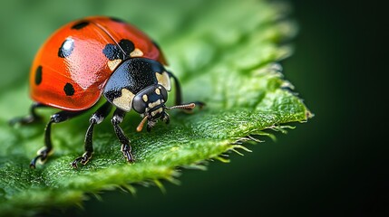 Obraz premium A ladybug on a green leaf.