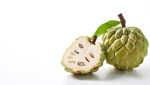 sugar apple or sweetsop is a small, well branched tree or shrub in the family Annonaceae that bears edible fruits. The flesh is fragrant and sweet, creamy white or light yellow. Isolated on white