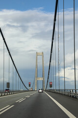 Obraz premium suspension bridge called Great Belt Bridge in danish language Storebaeltsbroen made of concrete and steel between the islands of Zealand and Funen in Denmark in Northern Europe
