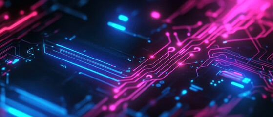 Fototapeta premium A close-up of a vibrant circuit board with neon blue and pink lights.