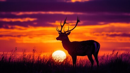 A silhouette of a deer against a vibrant sunset sky with colorful clouds.