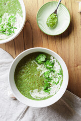 broccoli puree soup with cream and pesto