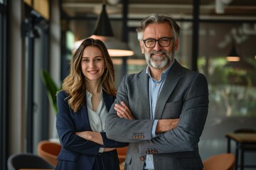 Obraz premium Portrait of a business man and woman smiling in modern office, standing together.