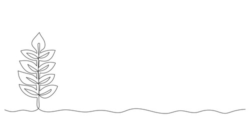 One line art drawing leaf banner with copy space. Autumn nature minimalist background with place for text. Vegetable concept. Continuous hand drawn design graphic vector illustration.