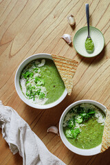 broccoli puree soup with cream and pesto